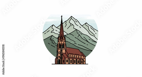 Rustic church with tall steeple nestled before majestic mountains