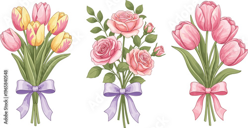 Floral Bouquet Illustration Set with Tulips and Roses Elegant Spring Flower Arrangements with Ribbon Bows for Wedding Design, Gifts, and Decorative Graphics