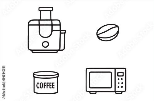 Line art illustration of a juicer coffee bean can and microwave