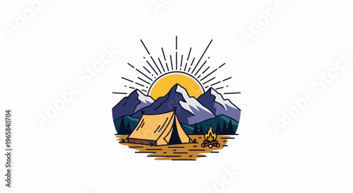 Camping scene with a tent, campfire, mountains, and sunburst
