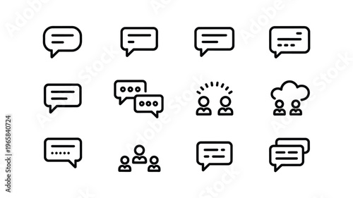 A collection of simple black and white line icons depicting various messaging and communication concepts