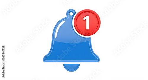 Blue 3D notification bell icon with a red circle showing number 1 graphic design