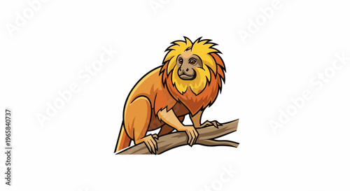 Cartoon illustration of a golden lion tamarin monkey sitting on a branch