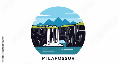 Pixelated circular illustration of a waterfall cascading from cliffs with houses