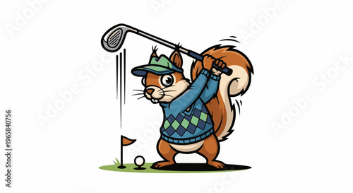 Cartoon squirrel in golf attire swings a club on a golf course