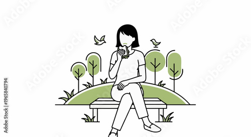 Person eating sandwich on a park bench surrounded by trees and birds