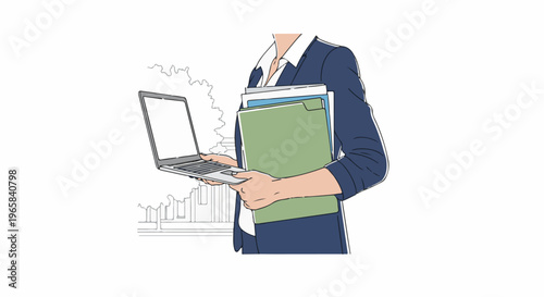Professional holding laptop and files, with building outline background