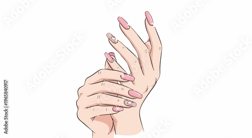 Delicate hands with long, pink, decorated nails posed gracefully