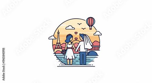 Couple in wedding attire holding hands with Paris skyline in background