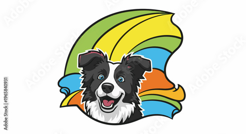 Playful dog face with vibrant, flowing abstract shapes behind it