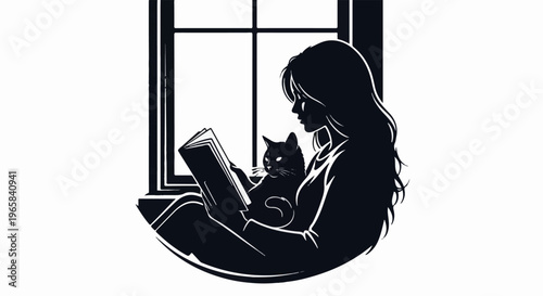 Silhouette of a person reading a book by a window with a cat