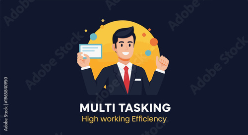 Cheerful businessman in suit displays multitasking ability and high efficiency