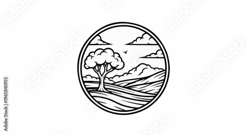 Stylized circular landscape featuring a tree, rolling hills, and clouds with a bird