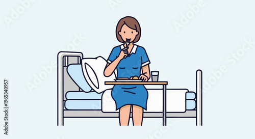Nurse in blue uniform eats meal on hospital bed tray