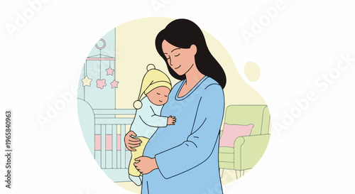 Pregnant woman holding sleeping baby with nursery and armchair in background