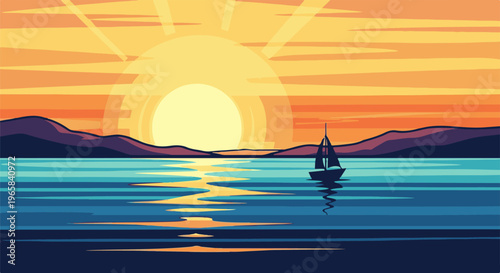 Pixelated sunset over calm water with a lone sailboat sailing