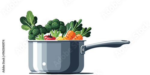 Vegetable cooking pot illustration, healthy meal preparation artwork, fresh produce design, kitchen cookware vector, wholesome food composition illustration
