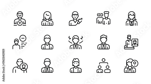 Line art icons depicting diverse people professions and interactions including medical staff and teamwork
