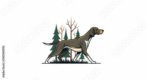 Stylized depiction of a dog standing in a forest with evergreen and bare trees