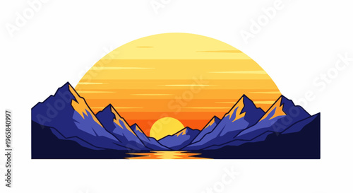Pixel art mountains at sunset over a calm lake, vibrant colors