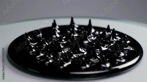 Video showing a black lock with sharp spikes placed on a flat surface for security or decorative purposes