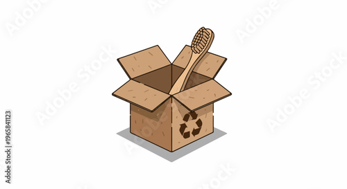 Eco-friendly bamboo toothbrush in an open cardboard box with recycle symbol