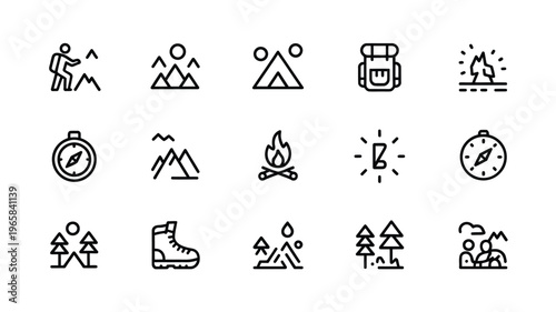 A collection of minimalist line icons depicting various elements of hiking camping and outdoor adventures
