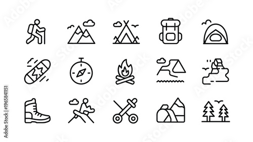 A collection of minimalist line icons depicting various outdoor activities and camping elements high quality