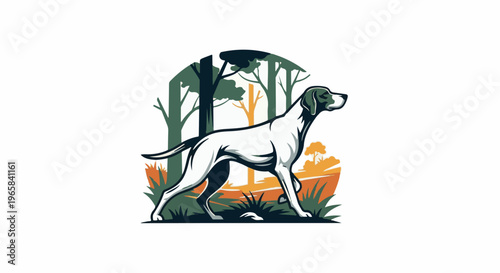 Elegant Pointer dog standing alert in a stylized forest clearing at dusk