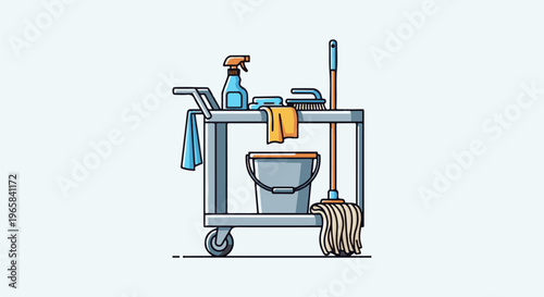 Cleaning cart with supplies bucket, mop, broom, spray, cloths