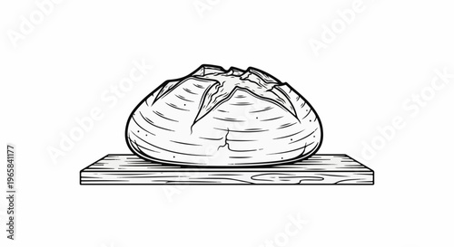 Line drawing of a rustic loaf of bread resting on a wooden plank
