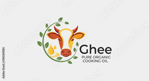 Stylized cow head and oil drops enclosed by leaves, with text