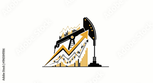 Oil pump jack with rising stock market graphs and upward arrow