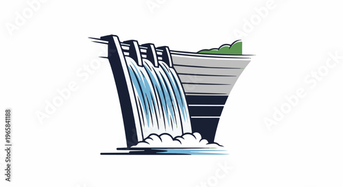 Stylized dam with water cascading down and green hills