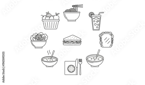 Food and meal outline icon collection with noodles smoothie fruit basket editable stroke