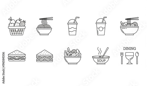 Meal line icon set with fruit basket noodles smoothie and food icons editable stroke
