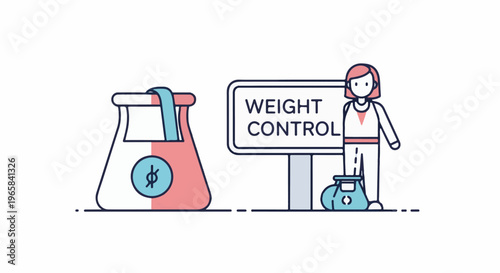 Graphic of a person, a sign, and a laboratory flask representing weight control