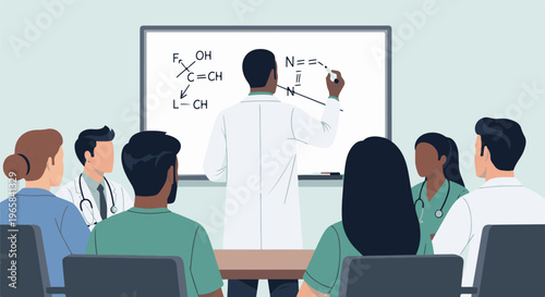 Diverse group learns chemistry lesson from instructor in lab coats