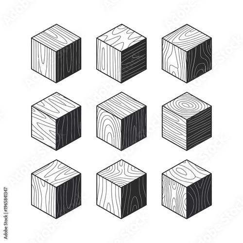 Wood cube illustrations in various orientations and grain patterns