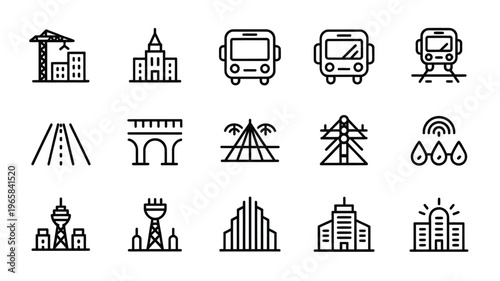 A collection of black and white line icons depicting various city infrastructure and transportation elements