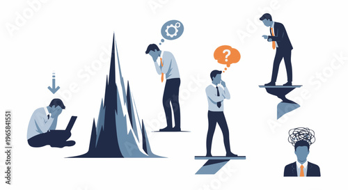 Figures in business attire contemplating problems on precarious platforms