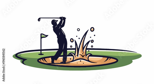 Golfer swings club near sand trap with flag on green