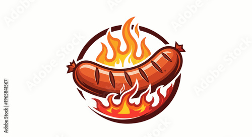 Hot sausage cooking over open flames in a circular emblem