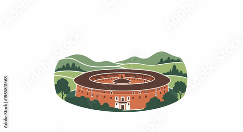 Illustration of a traditional circular building in a serene, hilly landscape