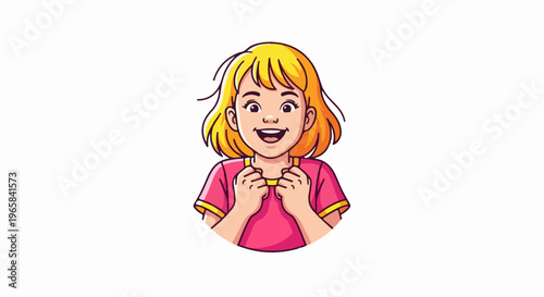 Excited cartoon girl with blonde hair in a pink shirt, smiling broadly