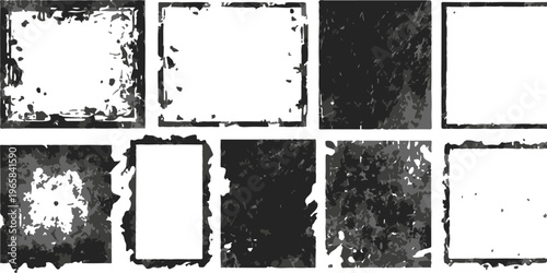 A vintage set of grunge frames featuring black ink texture and messy brush edges for vector border design on rough paper backgrounds