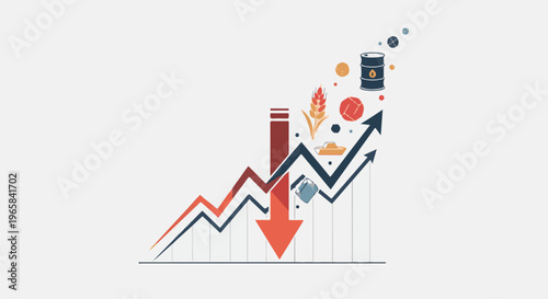 Diverse economic factors represented by stylized icons on a fluctuating graph