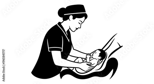 Caring nurse or mother gently washing a baby during bath time, illustrating tender infant hygiene on isolated white background.
