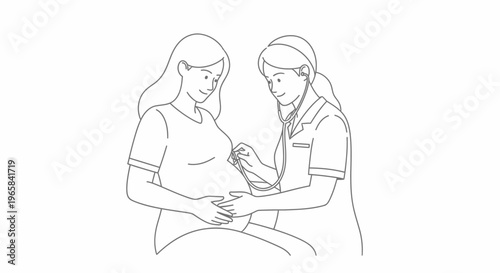 Caring female doctor examining a pregnant woman's abdomen with a stethoscope during a prenatal checkup, on isolated white background.
