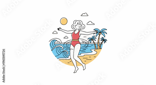 Joyful woman in swimsuit dances on tropical beach with palm trees and waves